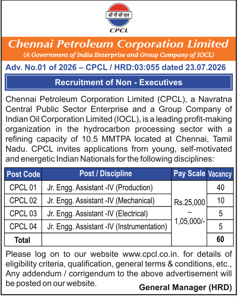CPCL Junior Engineer Assistant Recruitment 2026 Notification