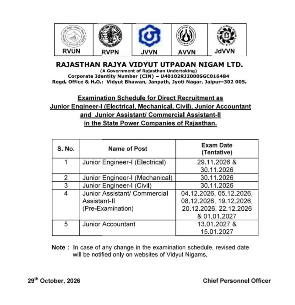 RVUNL JE Exam Date 2026