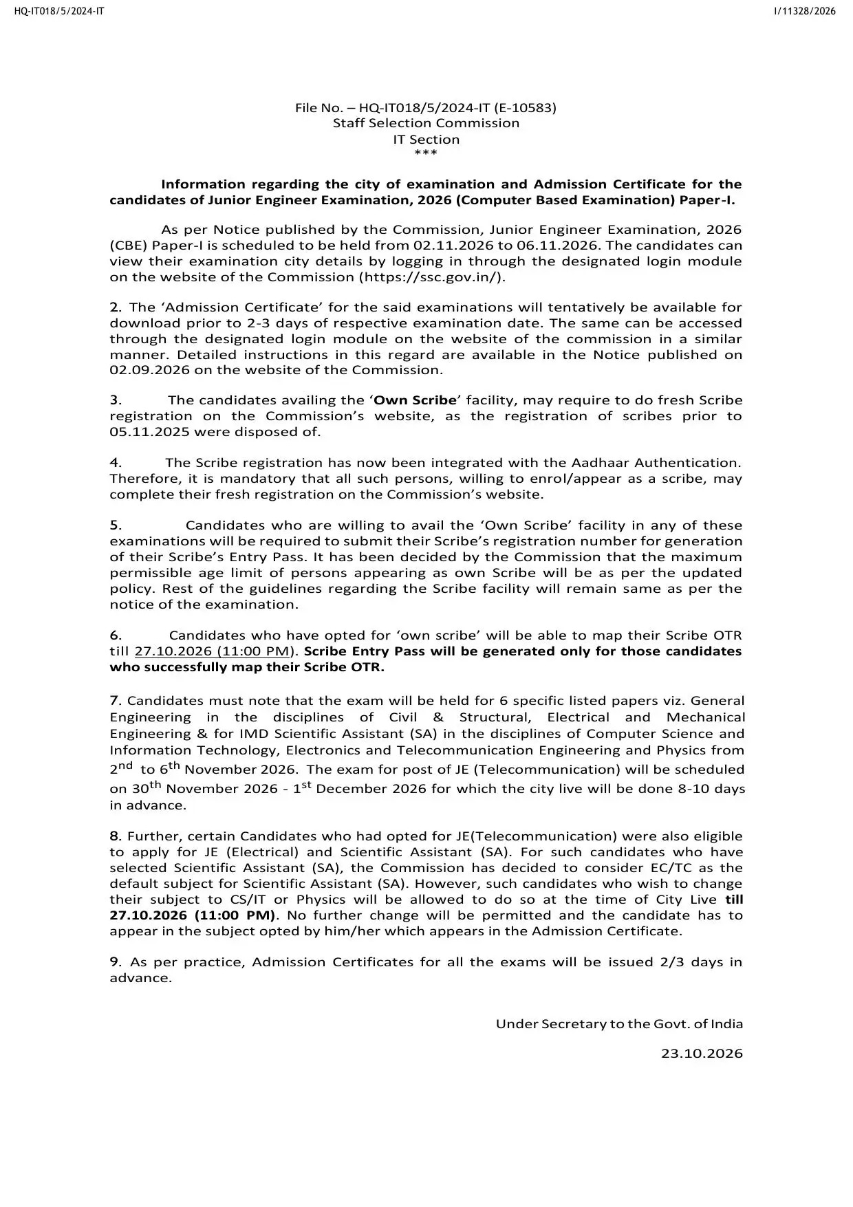 SSC JE City Intimation Slip 2026